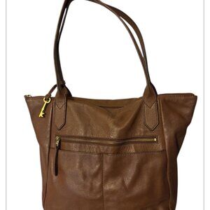 Vintage Fossil Brown Handbag Tote Soft Pebbled Leather Hanging Original Key